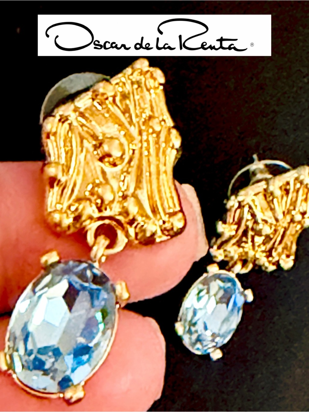 Oscar de la Renta Golden Shield Earrings w/Sky Blue Faceted Crystal Stones✨POST - Picture 3 of 9
